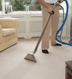 Professional carpet cleaner using a hot-water extraction wand and hose machine in a living room in Indianapolis, IN.