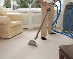 Carpet cleaning professional removing dirt and stains with a hot-water extraction tool in a home, Indianapolis, IN.