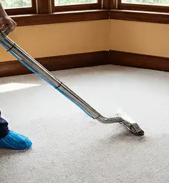 Steam carpet cleaning technician using a hot-water extraction wand on a residential carpet, wearing blue protective shoe covers Indianapolis, IN.